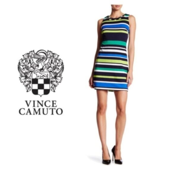 Vince Camuto Womens Blue Striped Embellished Sleeveless Sheath Dress Sz 10 New - Picture 8 of 9